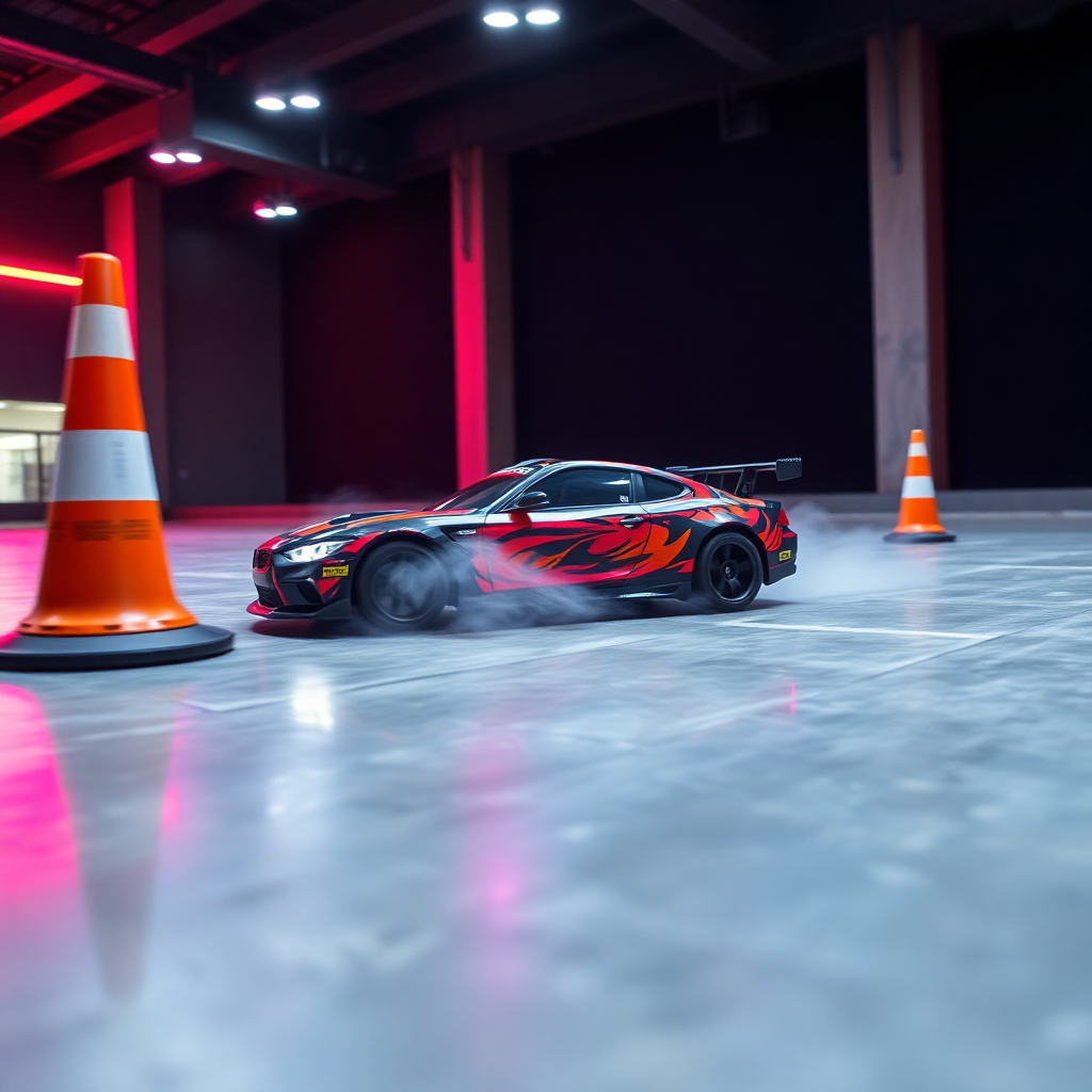 An RC drift car sliding sideways around a cone on a sleek, indoor polished concrete obstacle course, tire smoke effect, low angle shot, vibrant neon lighting.