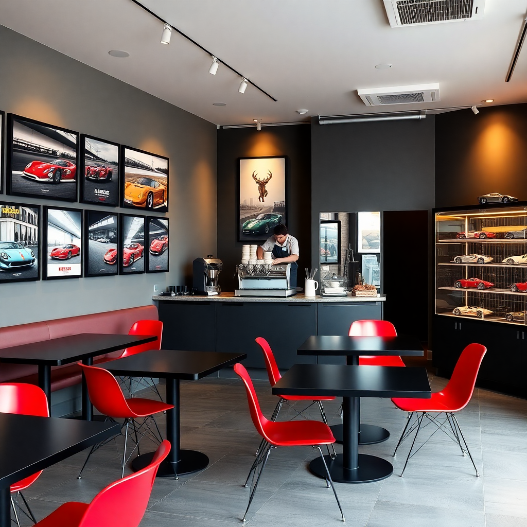 Interior of a modern, sophisticated motorsport-themed cafe. Sleek black tables, red racing-style chairs, walls adorned with framed posters of iconic race cars, and a display case with model cars. A barista is preparing coffee at a high-end espresso machine. Warm, inviting lighting.