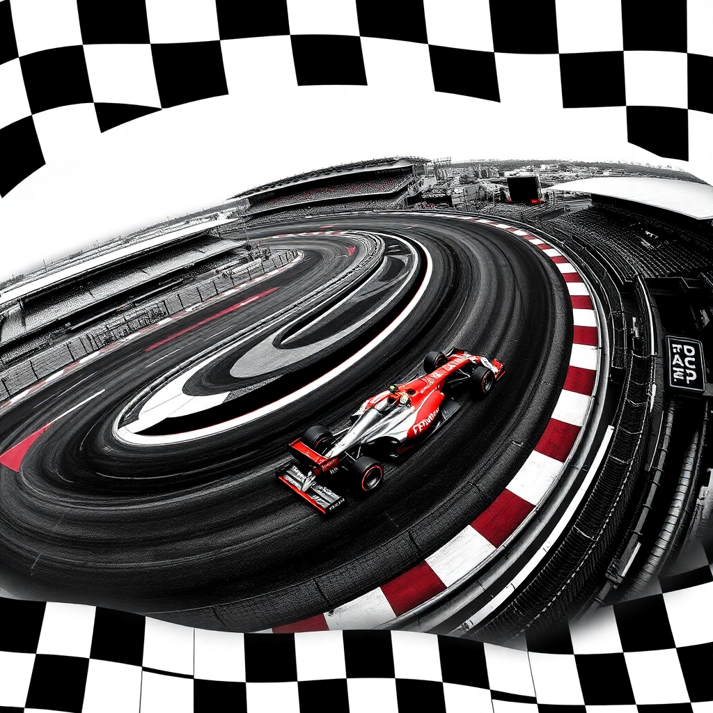 Formula 1 racing circuit aerial view with dramatic curves, grandstands, checkered flag pattern overlay, high contrast black and white with red accents, motorsport atmosphere