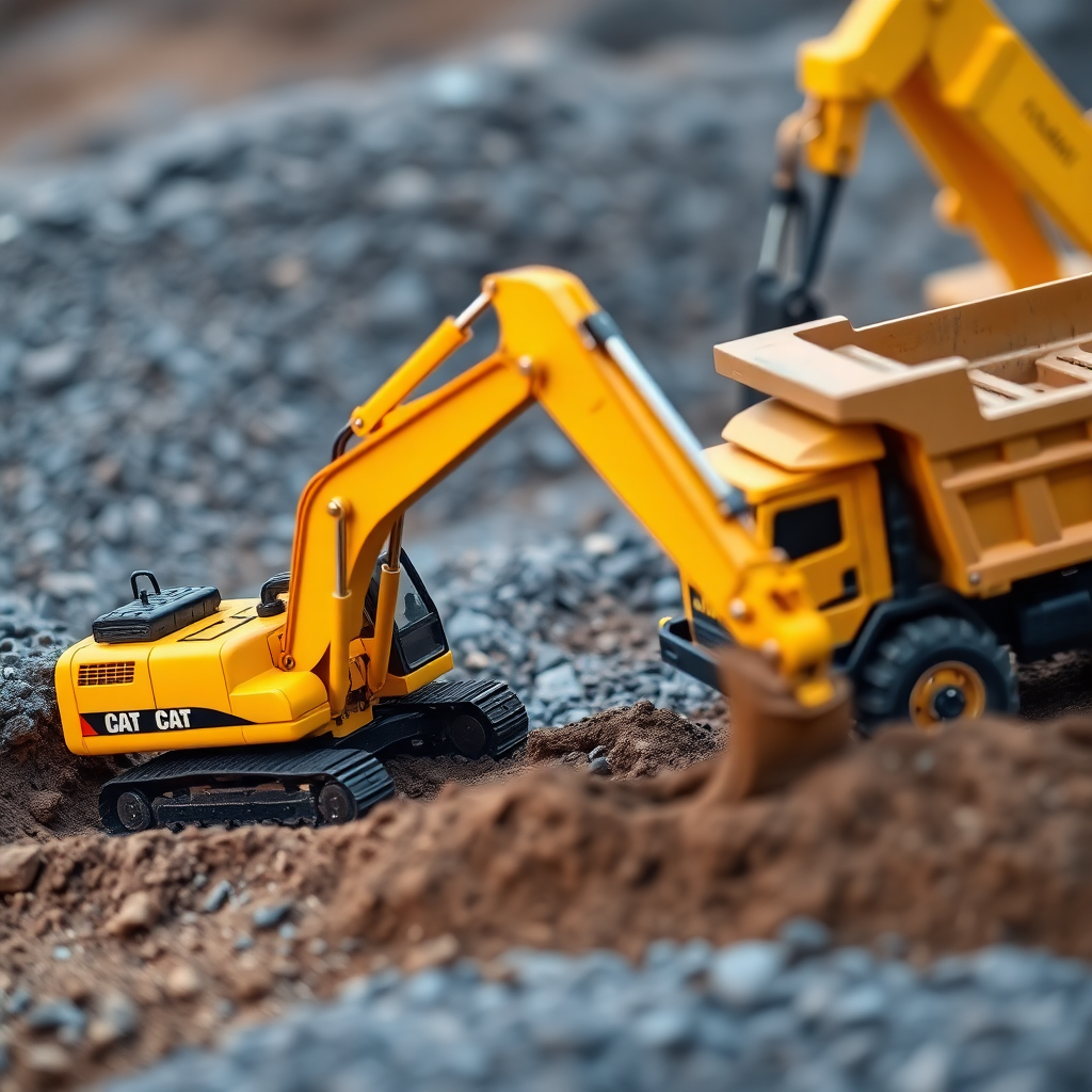 Detailed shot of a yellow RC excavator moving dirt next to an RC dump truck on a miniature construction site, realistic details, focused lighting, shallow depth of field.