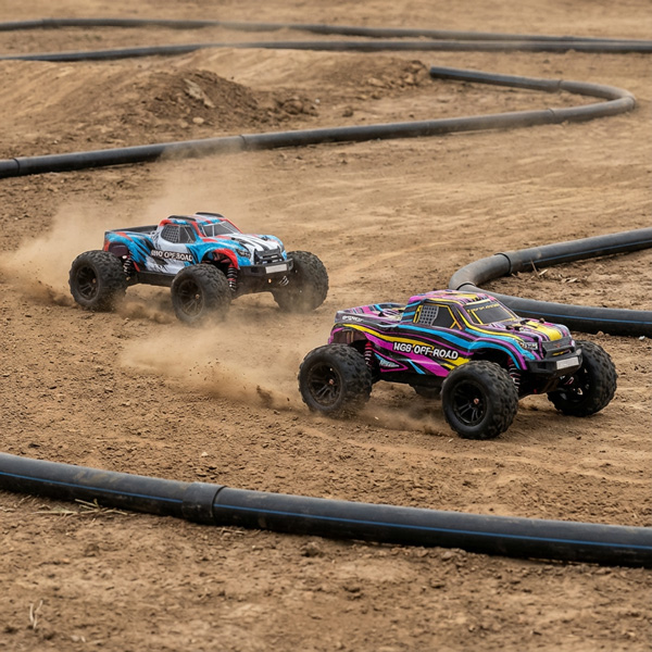 Dynamic action shot of multiple RC buggies racing on a dirt track, kicking up dust, motion blur, sharp focus on the lead car, high energy, sunset lighting.
