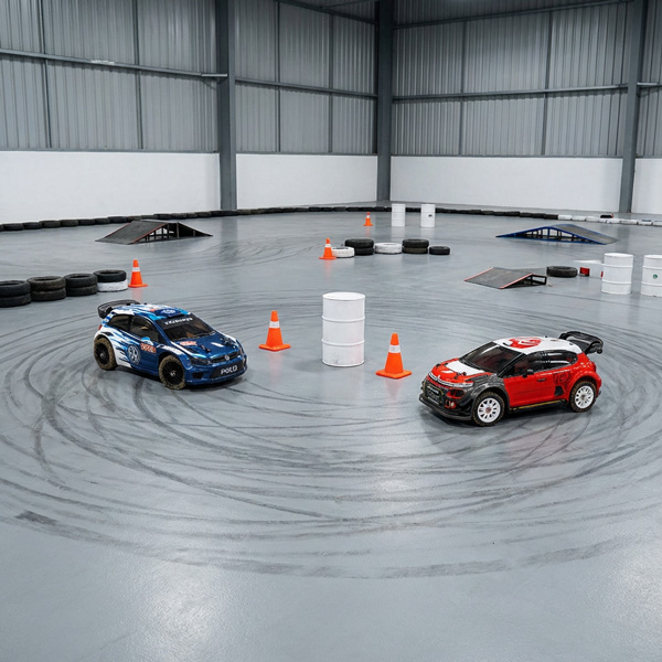 An RC drift car sliding sideways around a cone on a sleek, indoor polished concrete obstacle course, tire smoke effect, low angle shot, vibrant neon lighting.