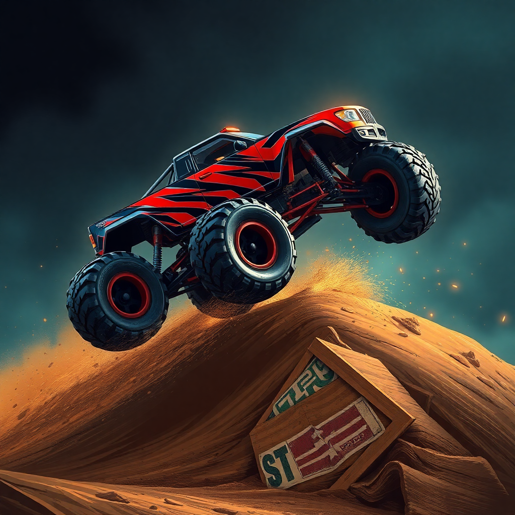 High-energy, dynamic illustration of an RC monster truck jumping over a dirt ramp, cinematic lighting, dramatic shadows, motorsport theme, red and black accents, sparks flying.