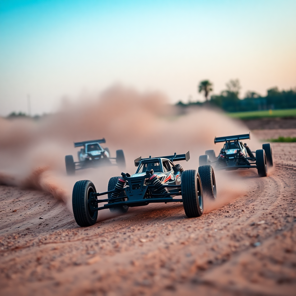 Dynamic action shot of multiple RC buggies racing on a dirt track, kicking up dust, motion blur, sharp focus on the lead car, high energy, sunset lighting.